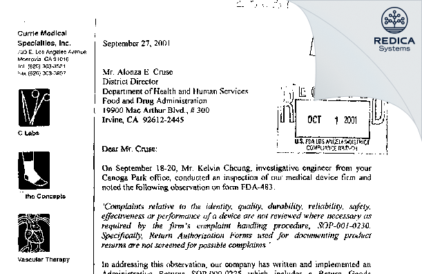 FDA 483 Response - Currie Medical Specialties Inc [Rancho Cucamonga / United States of America] - Download PDF - Redica Systems