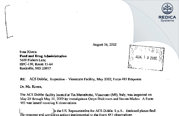 FDA 483 Response - ACS DOBFAR SPA [Italy / Italy] - Download PDF - Redica Systems