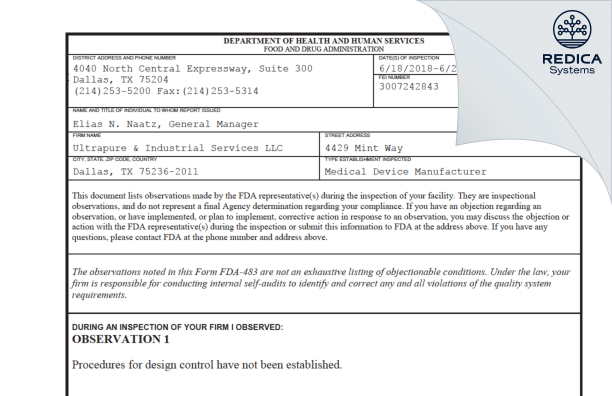 FDA 483 - Ultrapure & Industrial Services LLC [Dallas / United States of America] - Download PDF - Redica Systems