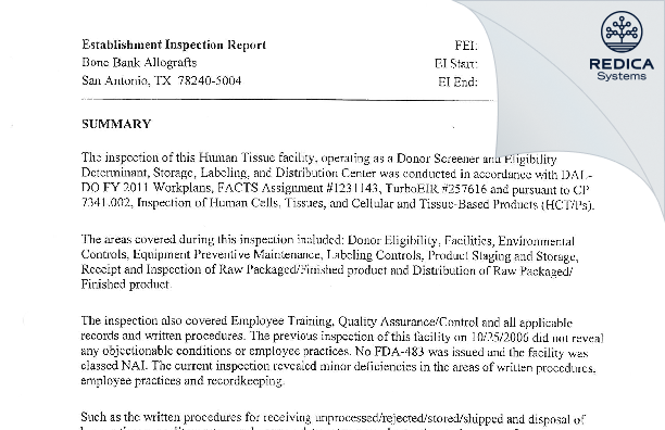 EIR - Tissue Transplant Technology, Ltd. [San Antonio / United States of America] - Download PDF - Redica Systems