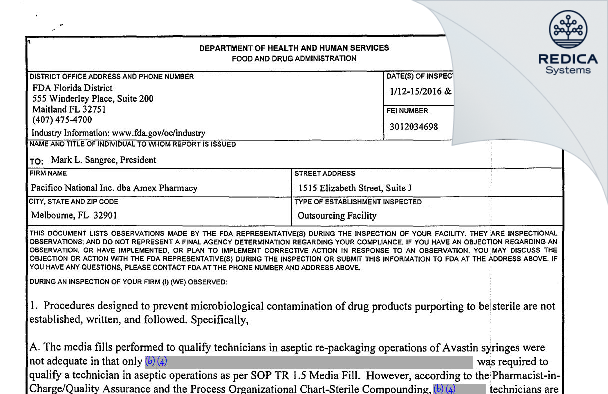 FDA 483 - Pacifico National, Inc. dba AmEx Pharmacy [Melbourne / United States of America] - Download PDF - Redica Systems