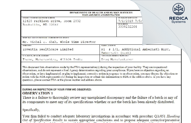 FDA 483 - Inventia Healthcare Limited [Thane / India] - Download PDF - Redica Systems