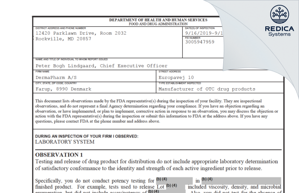 FDA 483 - DermaPharm A/S [Faarup / Denmark] - Download PDF - Redica Systems