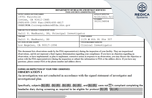 FDA 483 - Salil U. Nadkarni, DO [Los Angeles / United States of America] - Download PDF - Redica Systems