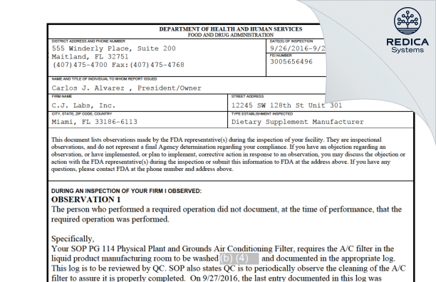 FDA 483 - C.J. Labs, Inc. [Miami Florida / United States of America] - Download PDF - Redica Systems