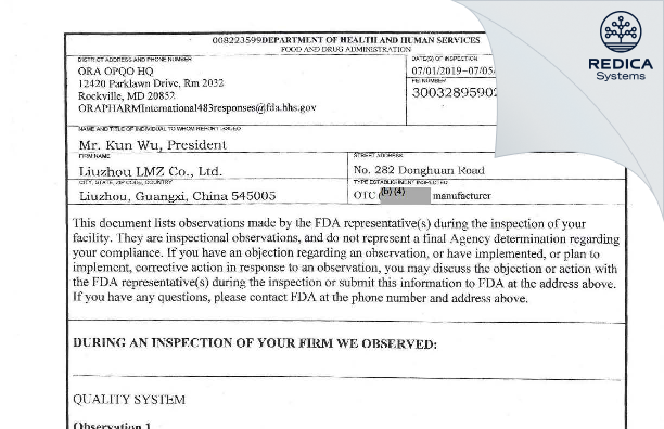FDA 483 - LMZ [China / China] - Download PDF - Redica Systems