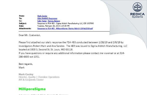 FDA 483 Response - Sigma-Aldrich Manufacturing LLC [Saint Louis / United States of America] - Download PDF - Redica Systems
