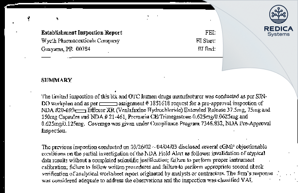 EIR - Wyeth Pharmaceuticals Company [Guayama / United States of America] - Download PDF - Redica Systems