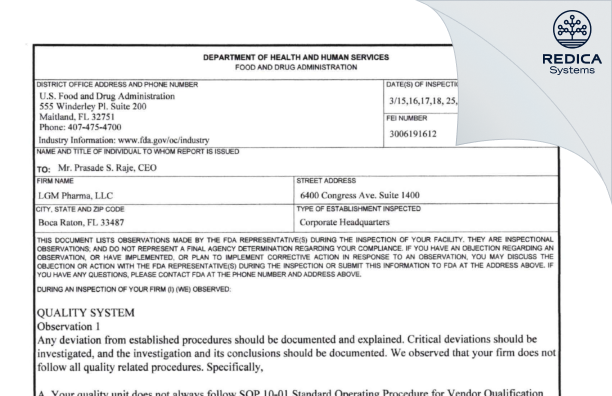 FDA 483 - LGM Pharma, LLC [Boca Raton / United States of America] - Download PDF - Redica Systems