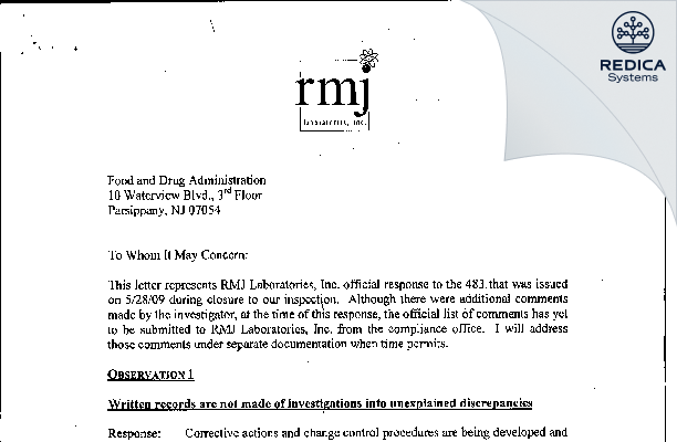 FDA 483 Response - RMJ Laboratories, Inc. [Edison / United States of America] - Download PDF - Redica Systems