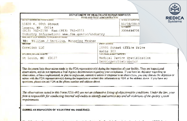 FDA 483 - CoreLink LLC [Fenton / United States of America] - Download PDF - Redica Systems