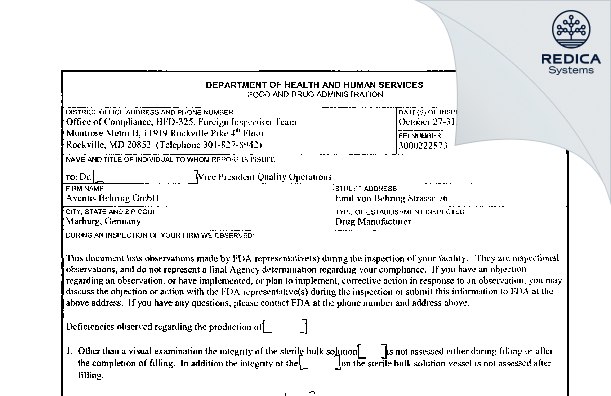 FDA 483 - Aventis Behring Gmbh [Marburg / Germany] - Download PDF - Redica Systems