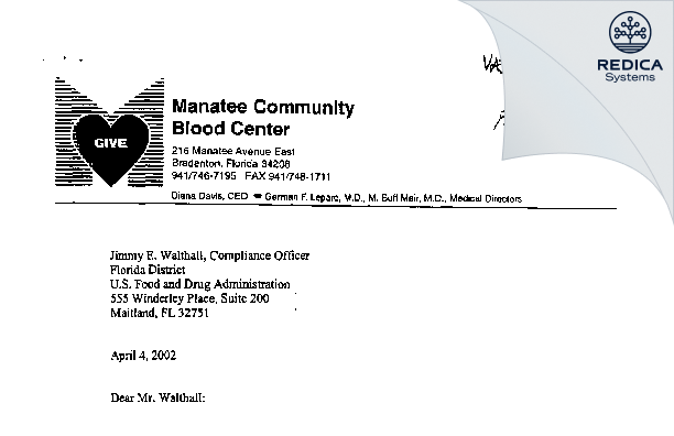 FDA 483 Response - Manatee Comm Blood Ctr @ Blake [Bradenton / United States of America] - Download PDF - Redica Systems