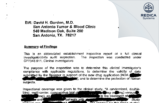 EIR - David H Gordon, MD [San Antonio / United States of America] - Download PDF - Redica Systems