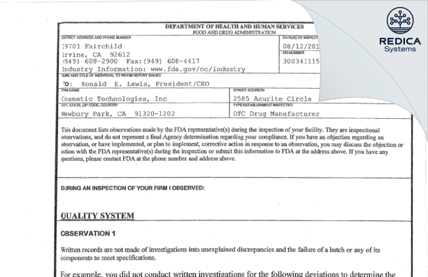 FDA 483 - Thibiant International, Inc. [Newbury Park / United States of America] - Download PDF - Redica Systems