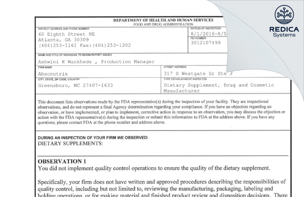 FDA 483 - Absonutrix, LLC [Greensboro / United States of America] - Download PDF - Redica Systems