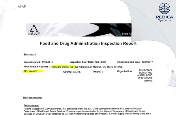 FDA 483 - ConAgra Brands, Inc. [Marshall / United States of America] - Download PDF - Redica Systems
