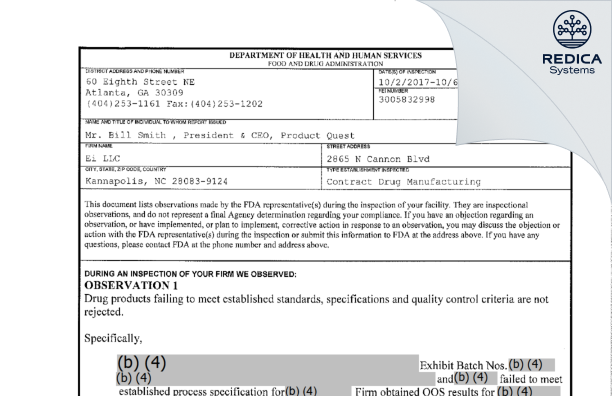 FDA 483 - Ei LLC [Kannapolis / United States of America] - Download PDF - Redica Systems