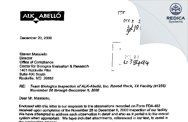 FDA 483 Response - ALK-Abello, Inc [Round Rock / United States of America] - Download PDF - Redica Systems