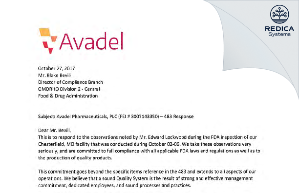 FDA 483 Response - Avadel Pharmaceuticals (USA) Inc. [Chesterfield / United States of America] - Download PDF - Redica Systems