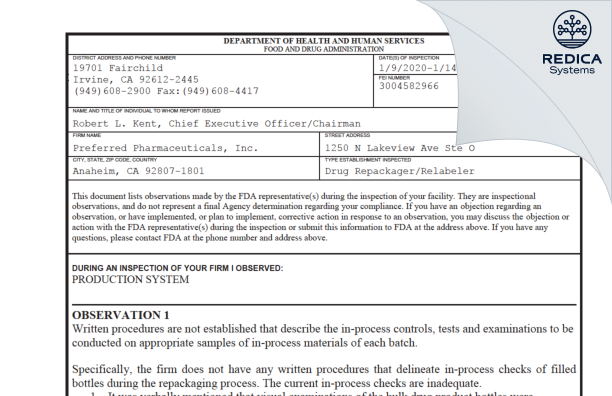 FDA 483 - Preferred Pharmaceuticals Inc. [California / United States of America] - Download PDF - Redica Systems