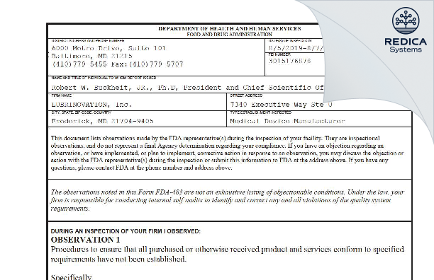 FDA 483 - LUBRINOVATION, Inc. [Frederick / United States of America] - Download PDF - Redica Systems