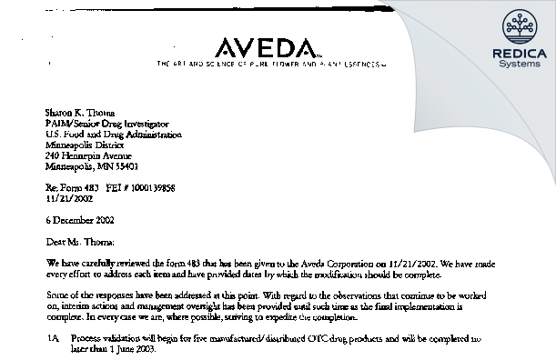 FDA 483 Response - Estee Lauder Companies [Blaine / United States of America] - Download PDF - Redica Systems