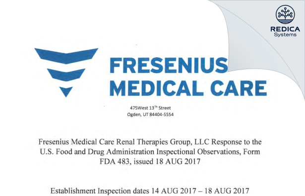 FDA 483 Response - Fresenius Medical Care North America [Ogden / United States of America] - Download PDF - Redica Systems