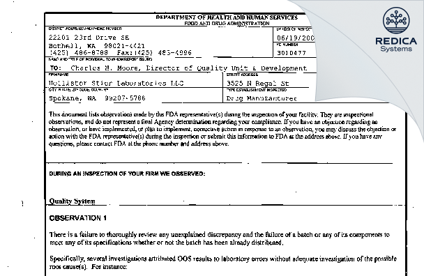 FDA 483 - Jubilant HollisterStier LLC [Spokane / United States of America] - Download PDF - Redica Systems