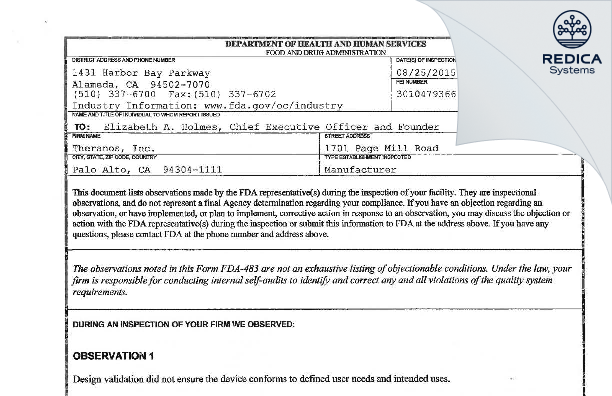 FDA 483 - Theranos, Inc. [Palo Alto / United States of America] - Download PDF - Redica Systems
