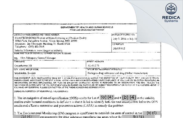 FDA 483 - Octapharma AB [Stockholm / Sweden] - Download PDF - Redica Systems