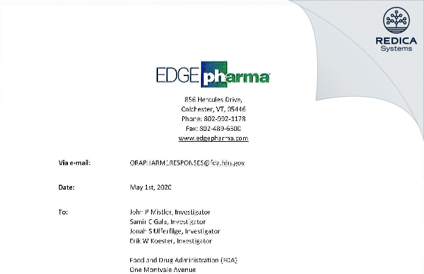 FDA 483 Response - Edge Pharma, LLC [Colchester / United States of America] - Download PDF - Redica Systems