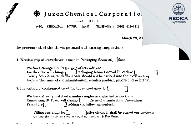 FDA 483 Response - Juzen Chemical Corporation [Toyama-City / Japan] - Download PDF - Redica Systems