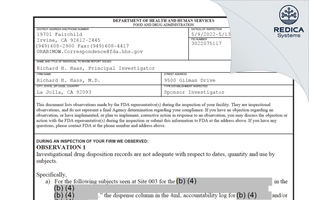 FDA 483 - Richard H. Hass, M.D. [La Jolla / United States of America] - Download PDF - Redica Systems