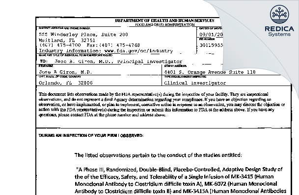 FDA 483 - Jose Giron [Orlando / United States of America] - Download PDF - Redica Systems