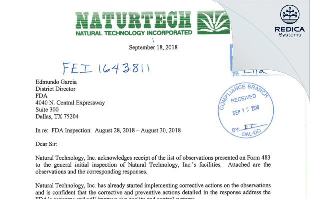FDA 483 Response - NATURAL TECHNOLOGY, LLC [Terrell / United States of America] - Download PDF - Redica Systems