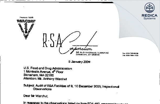 FDA 483 Response - R.S.A. Corp. [Danbury Connecticut / United States of America] - Download PDF - Redica Systems