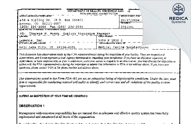 FDA 483 - Lumenis, Inc. [Salt Lake City / United States of America] - Download PDF - Redica Systems
