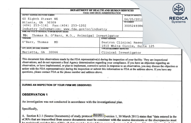 FDA 483 - O'Barr, Thomas MD [Marietta / United States of America] - Download PDF - Redica Systems