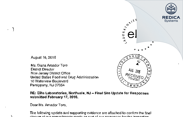 FDA 483 Response - Elite Laboratories, Inc. [Jersey / United States of America] - Download PDF - Redica Systems