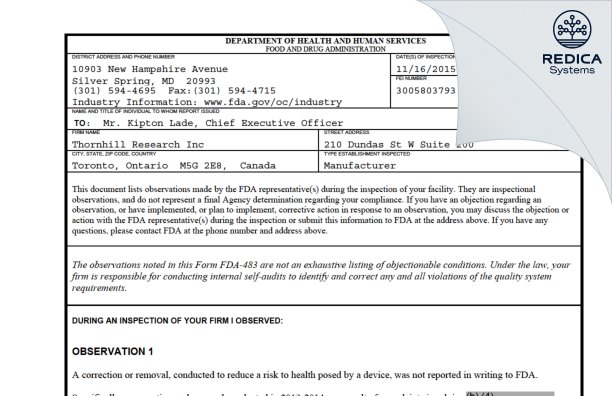 FDA 483 - Thornhill Research Inc [Toronto / Canada] - Download PDF - Redica Systems