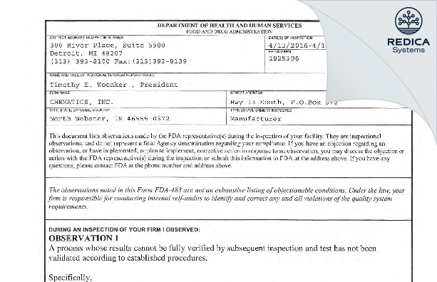 FDA 483 - CHEMATICS, INC. [Leesburg / United States of America] - Download PDF - Redica Systems