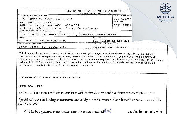 FDA 483 - Victoria C. Mosteller, M.D. [Ponte Vedra / United States of America] - Download PDF - Redica Systems