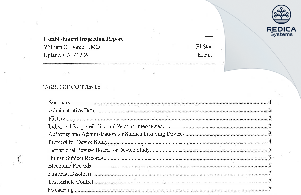 EIR - William C. Domb, DMD [Upland / United States of America] - Download PDF - Redica Systems