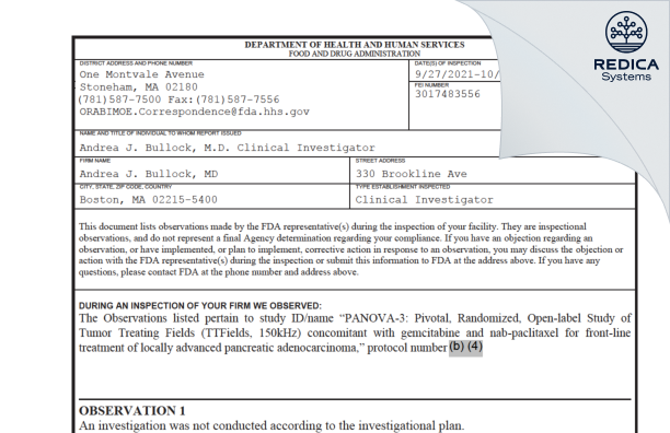 FDA 483 - Andrea J. Bullock, MD [Boston / United States of America] - Download PDF - Redica Systems
