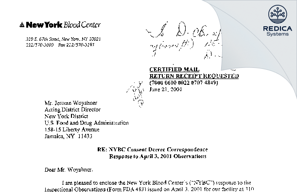 FDA 483 Response - New York Blood Center Enterprises [New York / United States of America] - Download PDF - Redica Systems