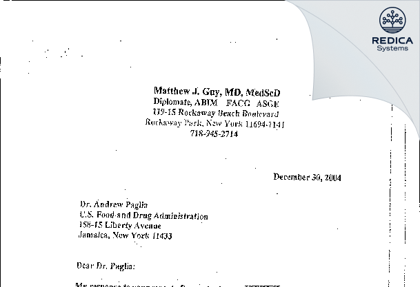 FDA 483 Response - Matthew J. Guy, M.D. [Rockaway Park / United States of America] - Download PDF - Redica Systems