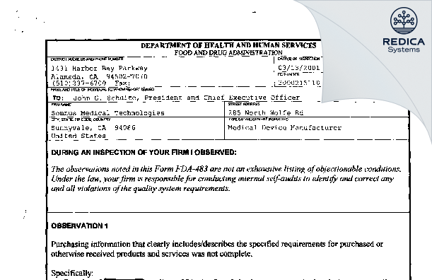 FDA 483 - Gyrus ENT, LLC Subsidiary of Gyrus ACMI, Inc. [Bartlett / United States of America] - Download PDF - Redica Systems