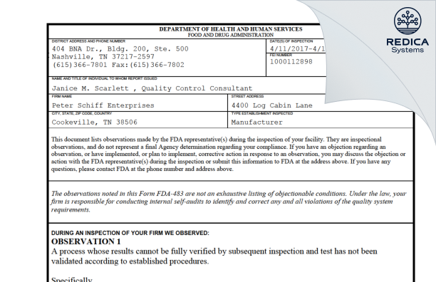 FDA 483 - Peter Schiff Enterprises [Cookeville / United States of America] - Download PDF - Redica Systems