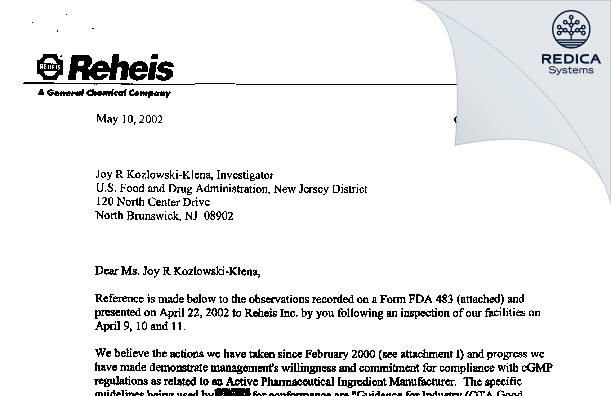 FDA 483 Response - Reheis Inc [Berkeley Heights / United States of America] - Download PDF - Redica Systems